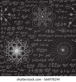 Math educational vector seamless pattern with equations, formulas, calculations, figures and plots handwritten with chalk on grey blackboard
