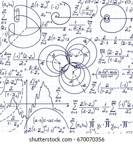Math educational vector seamless pattern with handwritten figures formulas and equations