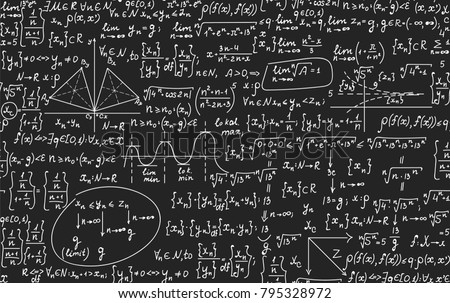 Math educational vector seamless pattern with handwritten geometry figures, calculations and equations, 'handwritten with chalk on grey blackboard' effect Foto d'archivio © 