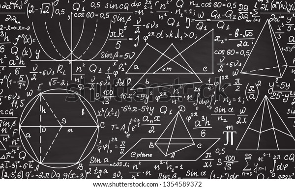 手書きの代数計算 幾何学図形 数式 仕事 方程式を使った数学教育用のシームレスなベクター画像パターン グレーの黒板に白墨で手書き のベクター画像素材 ロイヤリティフリー