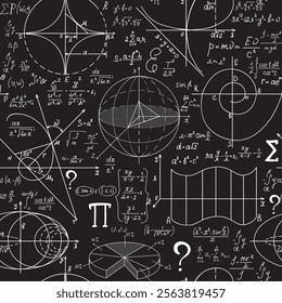 Math educational vector seamless texture with handwritten mathematical formulas, equations and geometry figures