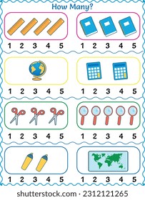 Recuento de hojas de cálculo educacionales matemáticas y círculo para objetos escolares de uno a cinco 