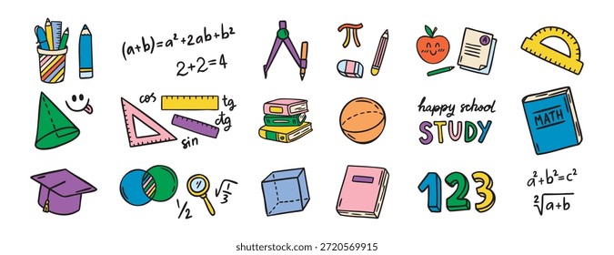 Conjunto de elementos matemáticos, fórmulas e geometria, bonito kit de estudo, colorido, desenhado à mão. Ilustração vetorial.