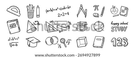 Math elements set, formulas and geometry, cute study kit, line art outline contour, monochrome, hand drawn. Vector illustration.