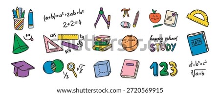Math elements set, formulas and geometry, cute study kit, colorful, hand drawn. Vector illustration.