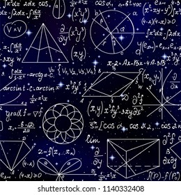 Math endless scientific seamless background with handwritten formulas, figures and calculations over space stars