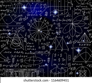 Math endless scientific seamless background with handwritten formulas, figures and calculations over space stars