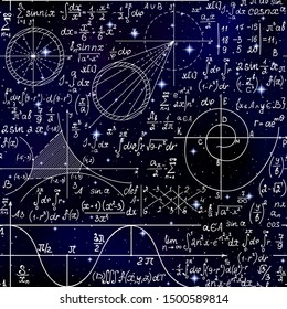 Math endless scientific seamless background with handwritten scientific formulas, figures and calculations over space stars