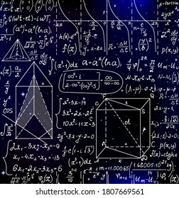 Math endless scientific seamless background with handwritten formulas, figures and calculations over space stars