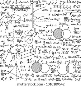 Math endless vector texture with handwritten mathematical formulas, geometry figures and equations