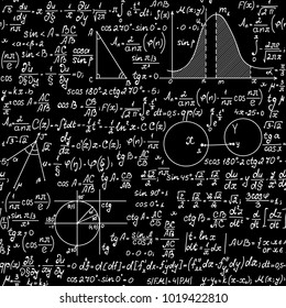 Math endless vector texture with handwritten mathematical formulas, geometry figures and equations