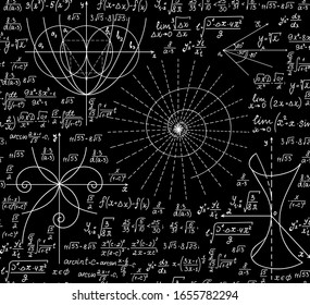 Math endless vector texture with handwritten mathematical formulas,  equations and geometry figures