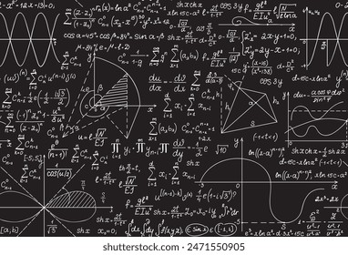 Math endless vector texture with handwritten mathematical formulas, equations and geometry figures