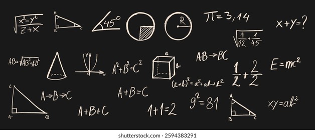 Math Equations Crayon Chalk Drawing on Blackboard Vector Set