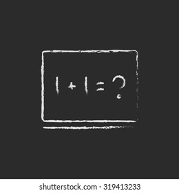 Math example on a blackboard hand drawn in chalk vector white icon isolated on a black background.