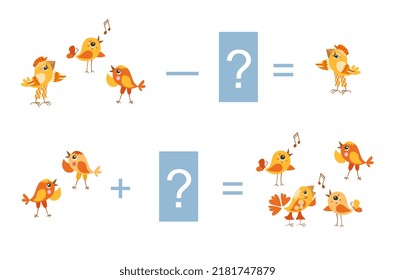Math examples with pictures for addition and subtraction. Educational game for toddlers with cute cartoon birds.