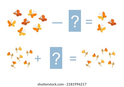 Math examples with pictures for addition and subtraction. Educational game for kids with butterflies and flowers.