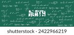 Math exercises, formulas and equations for calculus, algebra with green slate background. School and university notes, functions, potentiation, logarithms, notable products