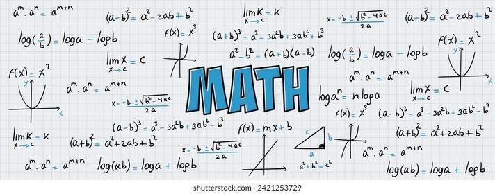 Math exercises, formulas and equations for calculus, algebra with grid sheet background. School and university notes, functions, potentiation, logarithms, notable products