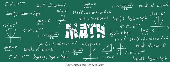 Ejercicios matemáticos, fórmulas y ecuaciones para el cálculo, álgebra con fondo de pizarra verde. Notas escolares y universitarias, funciones, potenciación, logaritmos, productos notables