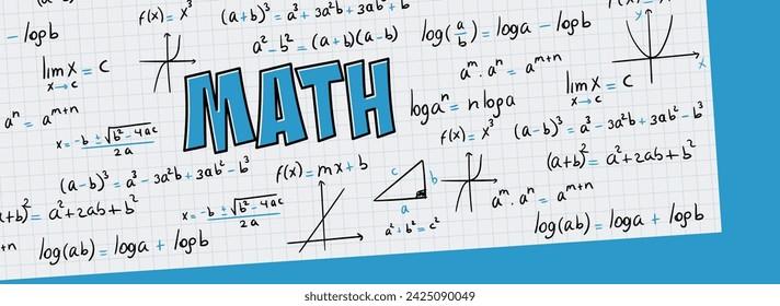 Math exercises, formulas and equations for calculus, algebra with grid sheet and blue background. School and university notes, functions, potentiation, logarithms, notable products