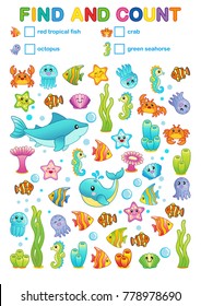 Math exercises for the study of numbers. find and count A book for printing for a kindergarten and a preschool institution. Bright sea creatures: seahorse, shark, seaweed, corals, tropical fish