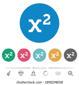 Math exponentiation flat white icons on round color backgrounds. 6 bonus icons included.