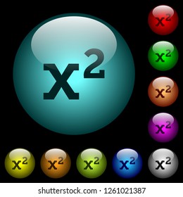 Math exponentiation icons in color illuminated spherical glass buttons on black background. Can be used to black or dark templates