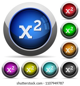 Math exponentiation icons in round glossy buttons with steel frames