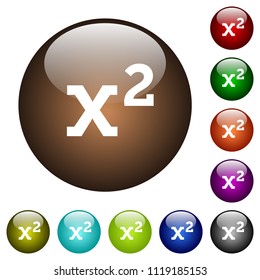 Math exponentiation white icons on round color glass buttons