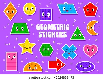 Math figure shape stickers and cartoon funny geometric characters, vector icons. Funny geometric shapes with emoji faces for kid stickers of square, circle and triangle figures with happy smile