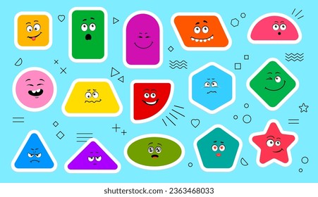 Math figure shape stickers, cute geometric characters with cartoon faces, vector icons. Funny square, circle and star or rhombus and triangle geometric math shapes for school or kindergarten education