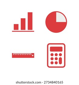 Math and finance icon set with bar chart, pie chart, ruler and calculator on red background.