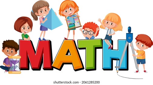 Math font with children holding math tools illustration