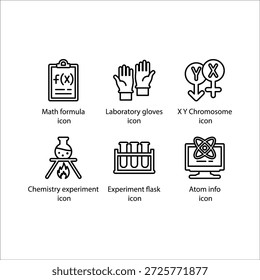 Fórmula matemática, Guantes de laboratorio, Cromosoma X Y, Experimento de química, Frasco de experimento, Información del átomo, icono