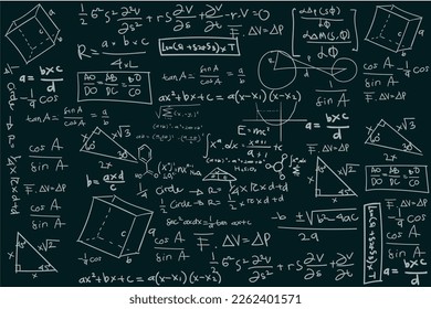 fórmulas matemáticas y dibujos de álgebra en el fondo del tablero negro