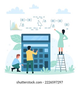 Math formulas and calculations, mathematics school or university lesson vector illustration. Cartoon tiny students study algebra, trigonometry and geometry, people using calculator for homework