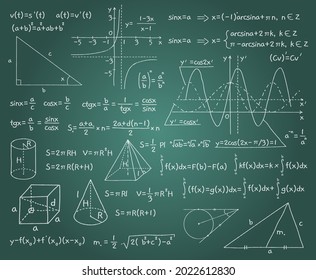 Math formulas. Chalk board background with algebraic and geometric graphs, functions and drawings. Doodles handwritten mathematical calculation. Trigonometry lesson. Vector exact science