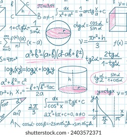 Math formulas. Lined sheet in cage, geometric drawings and theorems, student notebook with school calculations, vector seamless pattern.eps
