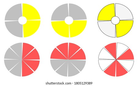 Math fractions shown as equal slices. Educational material. Showing half in different ways.