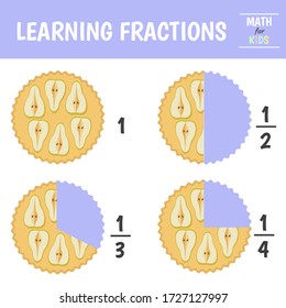 A math fractions worksheet.  Learning  fractions. Pie. Vector illustration