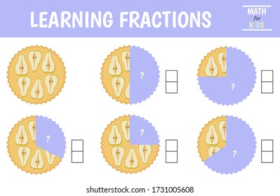 A math fractions worksheet.  Learning  fractions. Pie. Vector illustration