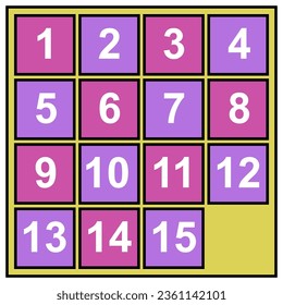 Math game 15 Puzzle also called Gem Puzzle or Boss Puzzle or Game of Fifteen or Mystic Square. 