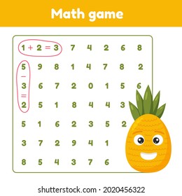 Math game. Addition, subtraction. Worksheet for kids preschool and school age. Vector illustration.