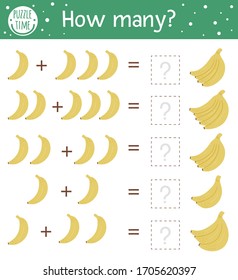 Math game with bananas. Tropical mathematic activity for preschool children. Jungle counting worksheet. Educational addition riddle with cute funny elements. Simple summer game for kids
