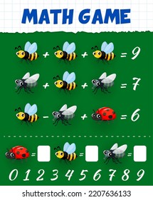 Math game of cartoon funny bee, fly and ladybug insects. Counting puzzle quiz vector worksheet with funny bugs and pest insect characters. Kids educational game with addition and subtraction exercises