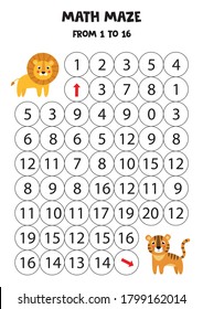 Math game with cartoon lion and tiger. Educational game for kids. Animals worksheet for learning to count.