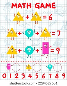 Math game. Cartoon shape characters. Mathematical quiz worksheet for children, addition task vector riddle or math puzzle with triangle, pentagon, rectangle geometrical shapes cheerful characters