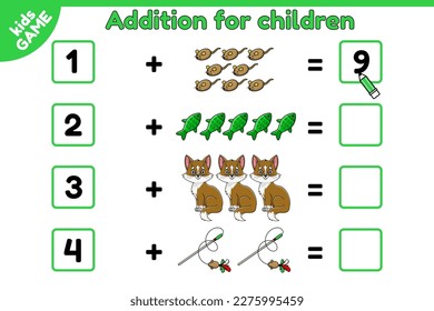 Mathe-Spiel für Kinder. Addition. Zähl und schreibe die Zahlen auf. Seite des Aktivitätsbuchs für Kinder. Aufgaben im Vorschul- und Schulunterricht. Cartoon Kätzchen und Katzenspielzeug. Einzige Vektorgrafik.