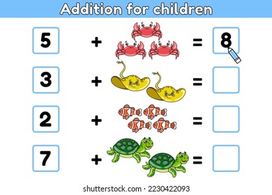 Math game for children. Addition. Educational activity for preschool and school children. Vector illustration of cartoon sea animals.